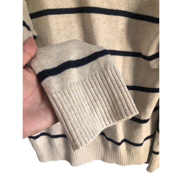 J Crew Mens Beige Navy Stripe Crewneck Long Sleeve Pullover Sweater Wool Blend L - Picture 4 of 6